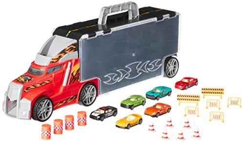 Amazon Basics Toy Car Carrier Truck With Storage For Kids Ages 3 and Up, 6-Pieces Diecast Vehicles & 16 Accessories, Multicolor, Medium