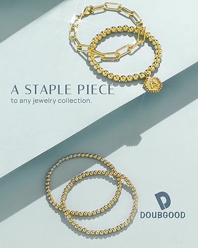 doubgood Gold Beaded Bracelets for Women, Stackable Gold Bracelets for Women Men 14K Real Gold Plated Stretch Bead Ball Bracelet with Letter Pendant