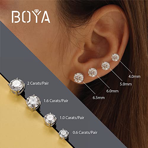 Boya Moissanite Stud Earrings for Women,0.6-2ct 18K White Gold Plated Silver Friction Back and Post for Women Men, D Color VVS1 Round Lab Created Diamond Earrings Men