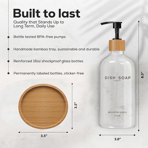 Clear Glass Dish Soap Dispenser for Kitchen Sink by Brighter Barns - Kitchen Soap Dispenser Set with Bamboo Tray - Modern Kitchen Decor and Accessories, Minimalist Decor, Neutral Home Decor (Clear)