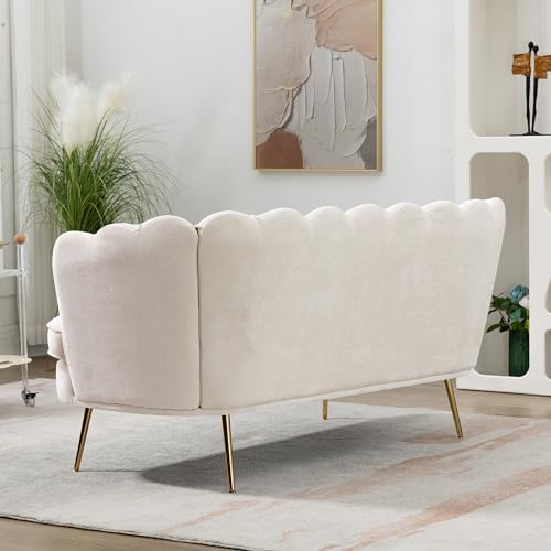 Amazon 59” Small Modern Chenille Loveseat Sofa, 2-Seater Sofa with Gold Metal Legs, Small Couch with Flower Shaped Back for Living Room Bedroom Office (Beige & Chenille)