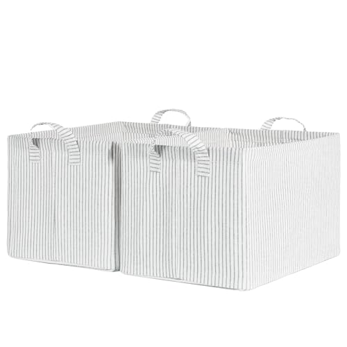 Amazon StorageWorks Storage Bins, Fabric Storage Bins for Shelves, Large Storage Baskets with Metal Frame, Closet Baskets and Bins with Handles, Khaki and Beige Stripes, 2-Pack