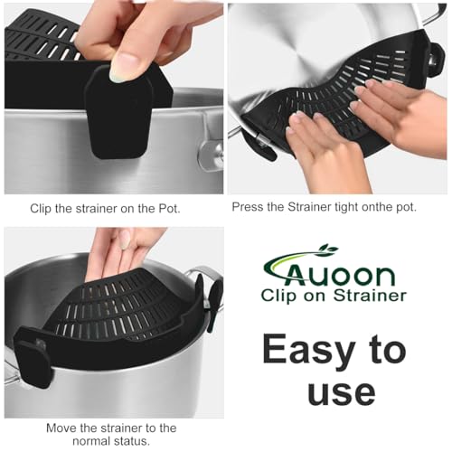 Amazon Large AUOON Clip on Strainer for All Pots and Pans - Oversized Silicone Pot Strainer Family-Style Design Pasta Strainer Kitchen Colander for Spaghetti and Noodles | Dishwasher Safe