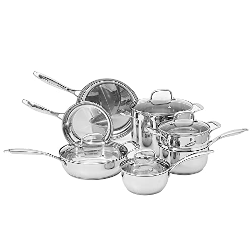 Amazon Basics Stainless Steel 11-Piece Cookware Set, Pots and Pans, Silver