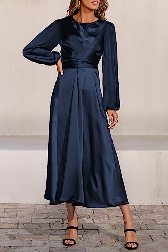 PRETTYGARDEN Women's Fall Fashion 2023 Long Sleeve Satin Dress Tie Back Casual Flowy Midi Dresses