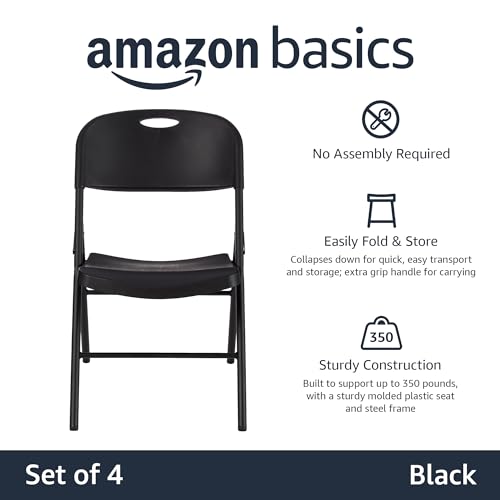 Amazon Basics Folding Plastic Chair, 350-Pound Capacity, Black, 4-Pack