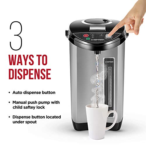 Chefman Electric Hot Water Pot Urn w/ Manual Dispense Buttons, Safety Lock, Instant Heating for Coffee & Tea, Auto-Shutoff/Boil Dry Protection, Insulated Stainless Steel, 5.3L/5.6 Qt/30+ Cups