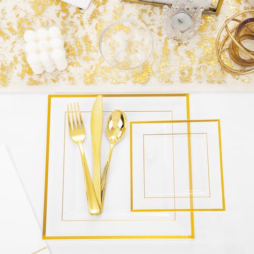 Festiva 350Pcs Clear Plastic Plates with Gold Trim - Clear Gold Disposable Dinnerware for 50Guests include 100 Square Plastic Plates 50Cups 50Cutlery 50Napkins Perfect for Thanksgiving Party&Wedding