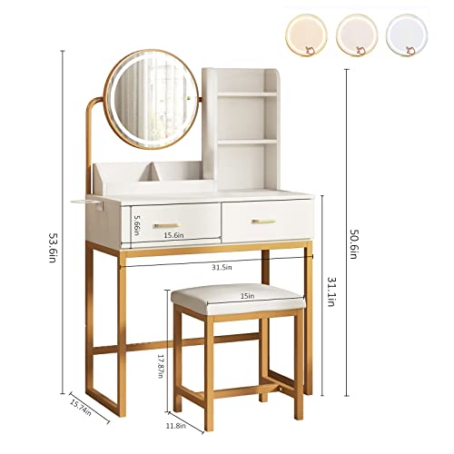 Vabches Makeup Vanity Desk with Round Mirror and Lights, White Vanity Makeup Table with Hair Dryer Rack, Small Vanity Table for Bedroom with Lots Storage, 3 Lighting Modes, 31.5in(L)