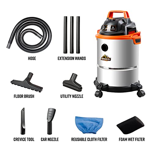 Armor All VO408S 0901 4 Gallon Wet/Dry Vac 3.0 Peak HP Shop Vacuum with 3 Nozzles and 1 Brush, Stainless Steel Tank, Orange