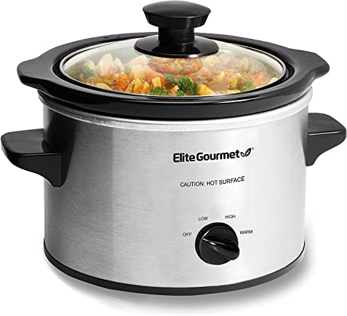 Elite Gourmet Glas Slow Cooker with Adjustable Temp, Entrees, Sauces, Stews & Dips, Dishwasher Safe Glass Lid & Crock, 1.5 Quart, Stainless Steel