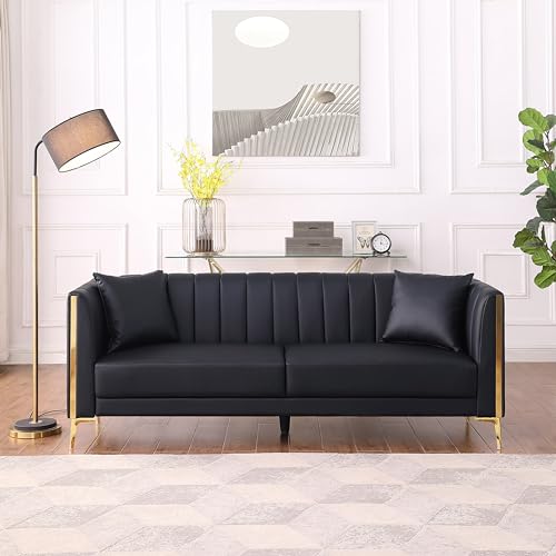 Amazon FOTOSOK 78'' Sofa, Black Couches for Living Room, Comfy Sofas Faux Leather Sofa 3 Seater Couches with 2 Throw Pillows and Gold Metal Legs, Deep Seat Sofas for Home, Office (Black)