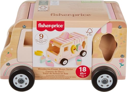 Amazon Fisher-Price Wood Toddler Toy Ice Cream Truck Shape Sorter Set, 9 Wooden Pieces for Developmental Play Kids Ages 18+ Months (Amazon Exclusive)