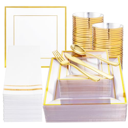 Festiva 350Pcs Clear Plastic Plates with Gold Trim - Clear Gold Disposable Dinnerware for 50Guests include 100 Square Plastic Plates 50Cups 50Cutlery 50Napkins Perfect for Thanksgiving Party&Wedding