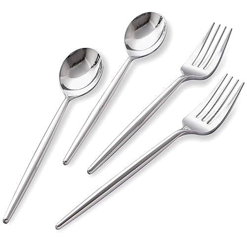 SUT 200PCS Silver Plastic Forks and Spoons Heavy Duty, Disposable Silverware, Silver Plastic Cutlery, Silver Disposable Forks and Spoons, Includes 100 Forks, 100 Spoons for Party, Birthday, Wedding