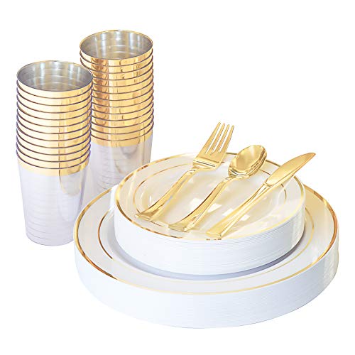 N9R 150PCS Gold Plastic Plates with Plastic Cutlery Set and Cups, Disposable Silverware include 25 Dinner Plates, 25 Dessert Plates, 25 Forks, 25 Knives, 25 Spoons, 25 Cups for Party and Wedding