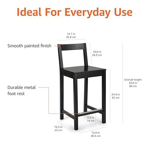 Amazon Amazon Basics Wooden Bar Stool with Backrest 24", Black, 1 Unit
