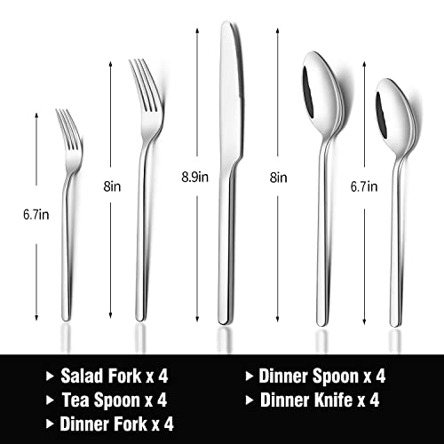 KINGSTONE Silverware Set, 20 Piece Flatware Cutlery Set for 4, 18/10 Stainless Steel Silverware Mirror Polished Dishwasher Safe for Home, Restaurant, Wedding, Party(Silver, 20 pieces for 4)