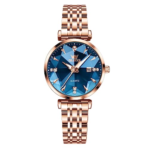 OLEVS Rose Gold Watches for Women, Stainless Steel Band, Quartz Small Face Waterproof Watches, Fashion Luxury Classic Wrist Watch with Date, Ladies Diamonds Watch Red/Blue/White Dial