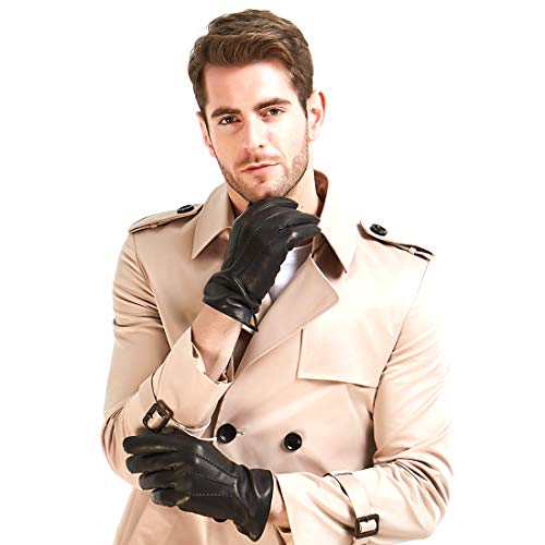 Harssidanzar Leather Gloves for Men,Winter Sheepskin Driving Riding Gloves Cashmere Lined