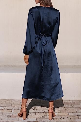 PRETTYGARDEN Women's Fall Fashion 2023 Long Sleeve Satin Dress Tie Back Casual Flowy Midi Dresses