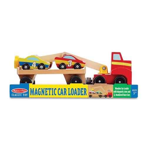 Amazon Melissa & Doug Magnetic Car Loader Wooden Toy Set with 4 Cars and 1 Semi-Trailer Truck Crane Wooden Toy, Vehicle Toys for Kids Ages 3+