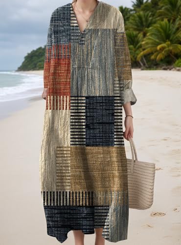 Amazon Akivide Women's V Neck Boho Floral Linen Maxi Dress Casual Plus Size Long Sleeve Beach Vacation Tunic Dresses with Pockets