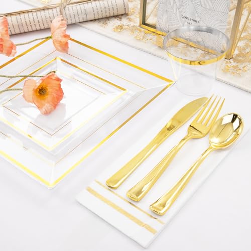 Festiva 350Pcs Clear Plastic Plates with Gold Trim - Clear Gold Disposable Dinnerware for 50Guests include 100 Square Plastic Plates 50Cups 50Cutlery 50Napkins Perfect for Thanksgiving Party&Wedding