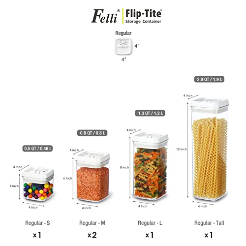 Felli Flip Tite Airtight Food Storage Container 5pk Set Lid 4” REGULAR Seal Stackable Plastic Canister Jar, Kitchen Cupboard Pantry Organizer, Spice Pasta Snack Candy Bean Christmas Gift for Women Mom