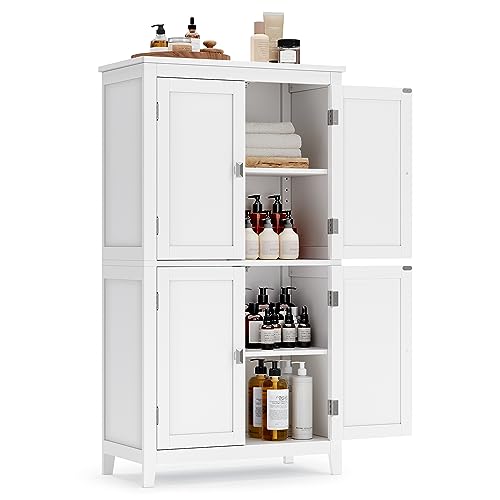 Amazon VASAGLE Bathroom Floor Storage Cabinet, Bathroom Storage Unit, Freestanding Cabinet with 4 Doors, Adjustable Shelves, 11.8 x 23.6 x 43.3 Inches, White UBBC552P31