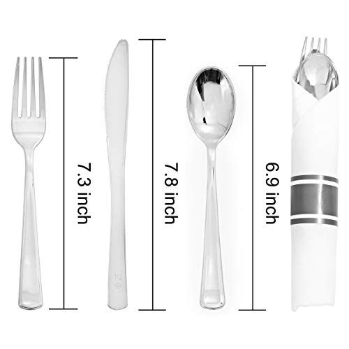 Supernal 60 Pack Silver Plastic Silverware,Pre Rolled Silverware,Premium Disposable Silver Cutlery,Suit for Wedding,Catering Event,Birthday,Party