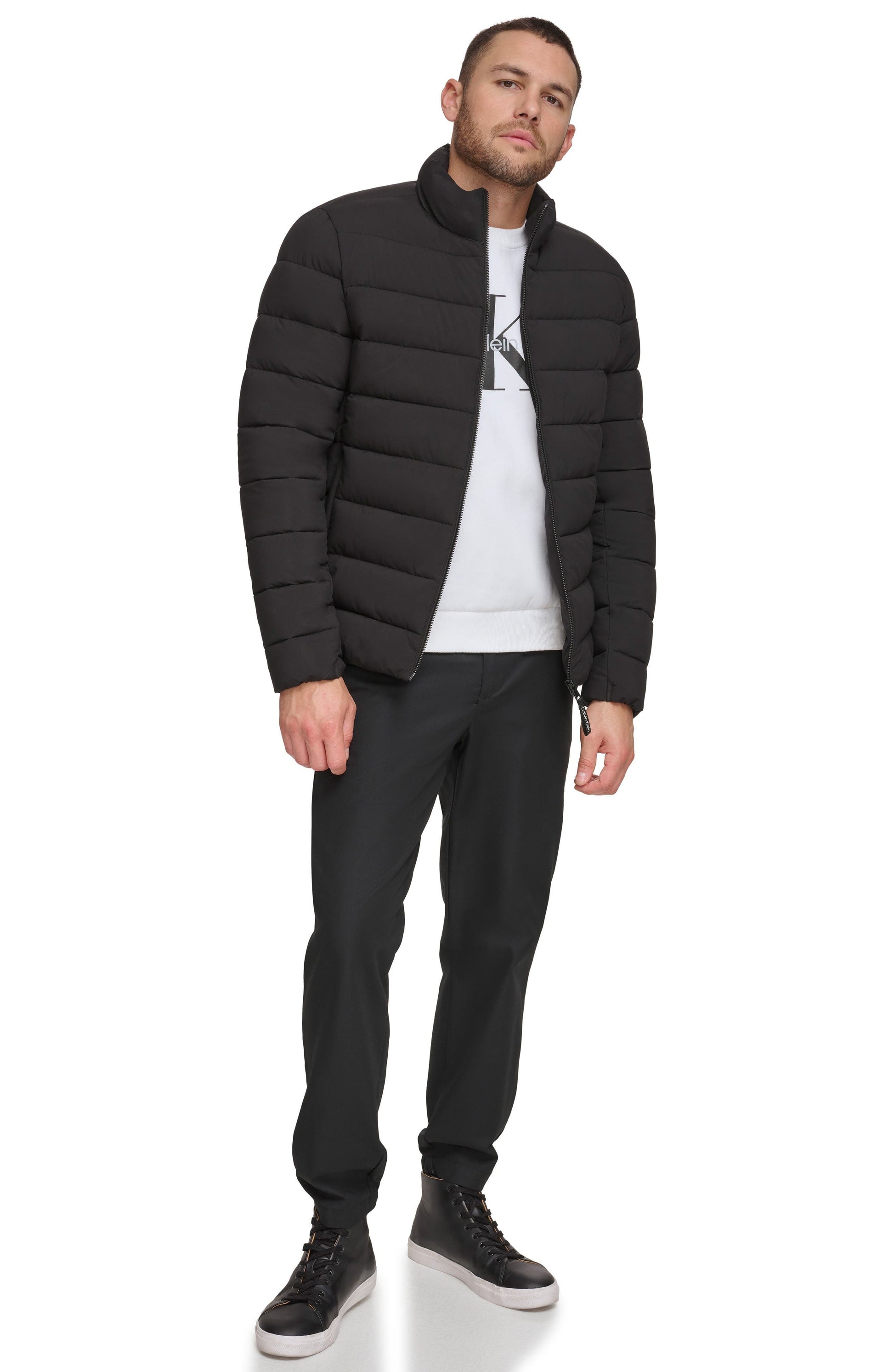 Calvin Klein Stretch Puffer Jacket, Alternate, color, EBONY