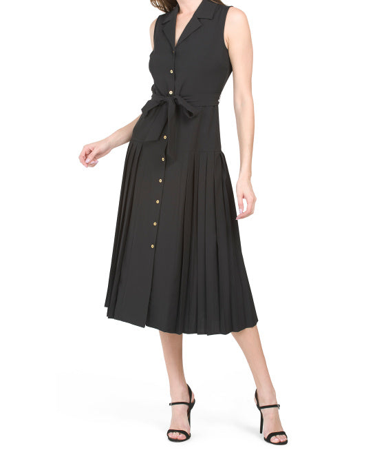 Sleeveless Pleated Midi Dress With Tie Waist