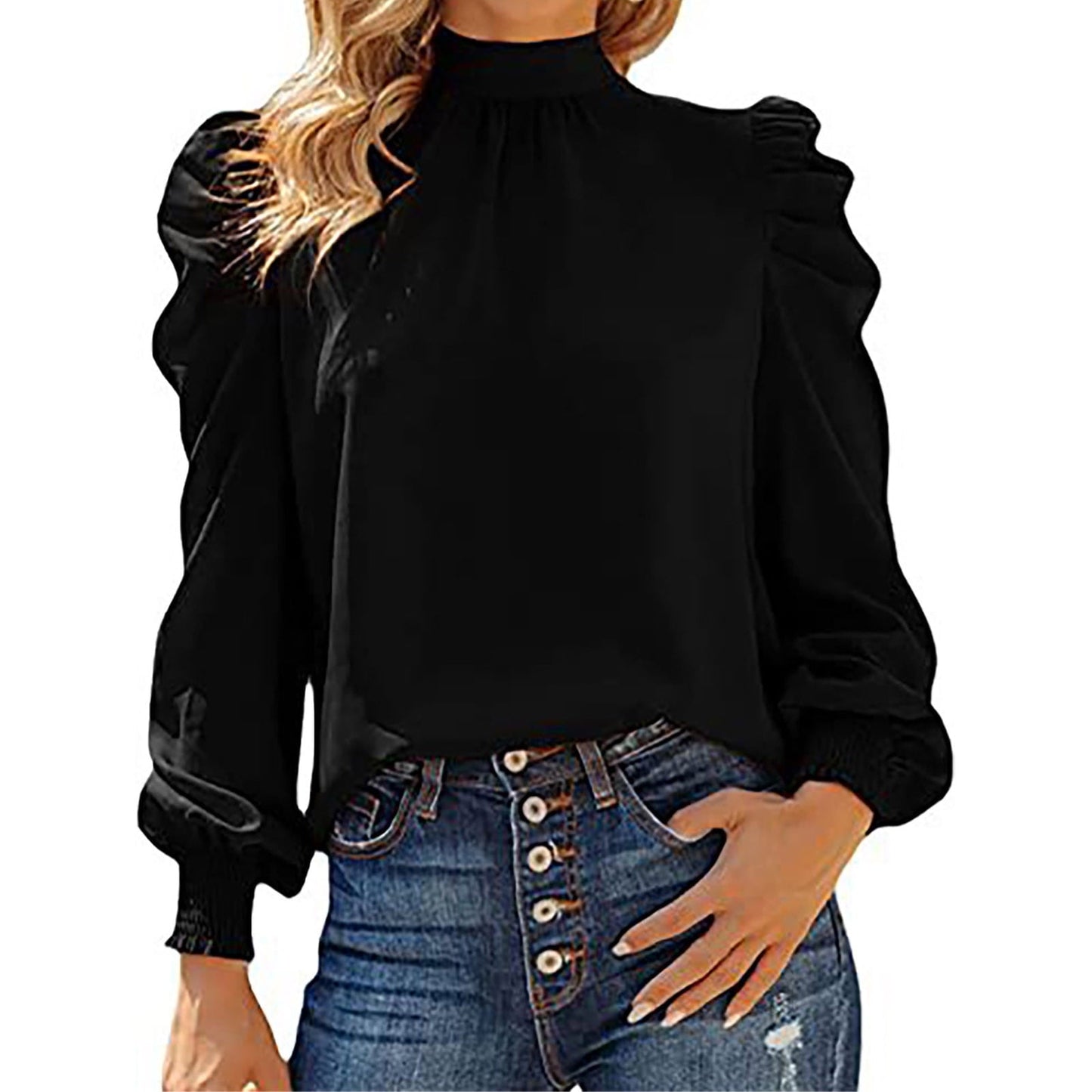 KIJBLAE Discount Womens Summer Ruffle Shirt Long Sleeve High Neck Puff Long Sleeve Casual Loose Shirts Tops and Blouses Black XL - image 2 of 6