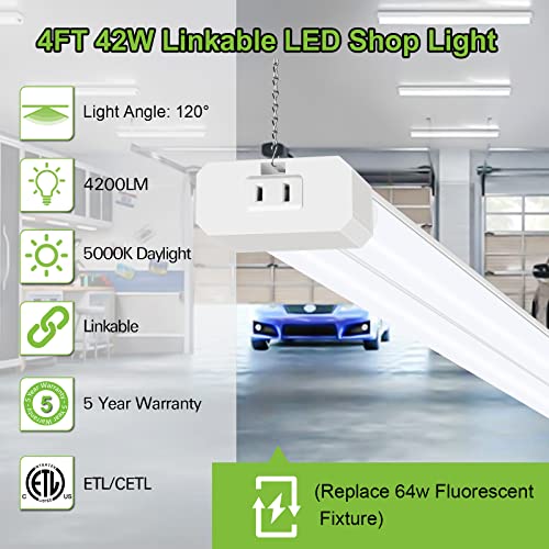 hykolity 4 Pack 4FT LED Shop Light, Linkable Utility Shop Lights, 42W, 5000K Daylight White Shop Light for Garages, Workshops,Hanging or FlushMount, Power Cord with Pull Chain Switch, ETL