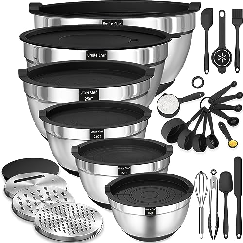 Umite Chef Mixing Bowls with Airtight Lids, 26Pcs Stainless Steel Bowls Set, 3 Grater Attachments & Black Non-Slip Bottoms Size 7, 4, 2.5, 2.0,1.5, 1QT, Great for Mixing & Serving