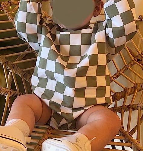 Karuedoo Baby Boy Girl Checkered Sweatshirt Romper Oversized Long Sleeve Bubble Romper Top Neutral Baby Fall Clothes