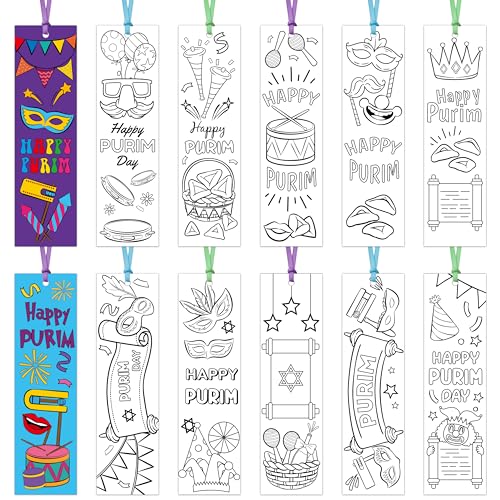 75Pcs Purim Color Your Own Bookmarks Happy Purim DIY Coloring Blank Bookmark Classroom Art Craft Supplies for Teachers Students Jewish Purim Carnival Holiday Party Gift Supplies Reward Goodie Fillers