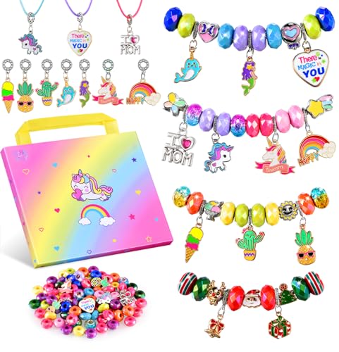 Girls Charm Bracelet Making Kit - Kids Unicorn Charms Bracelets Kits Jewelry Supplies Make Set DIY Art Craft Set Creative Birthday Gifts for 3 4 5 6 7 8 Year Old Girl Little Children Girl Toys Age 6-8