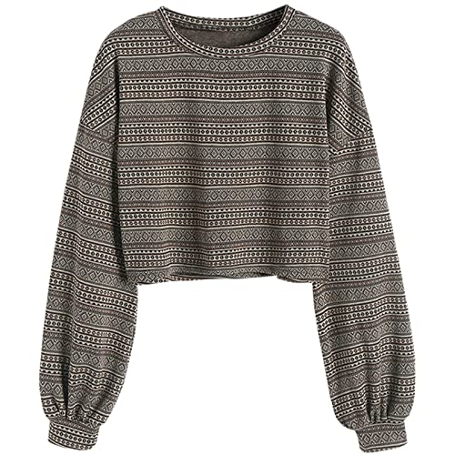 ZAFUL Women's Tribal Ethnic Graphic Cropped Knitwear Bohemian Long Sleeve Pullover Sweater Boho Drop Shoulder Knitted Top