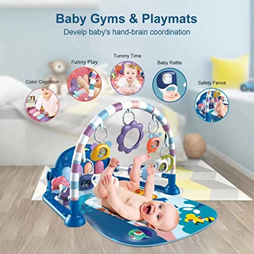 Baby Play Mat Baby Gym,Funny Play Piano Tummy Time Baby Activity Gym Mat with 5 Infant Learning Sensory Baby Toys, Music and Lights Boy & Girl Gifts for Newborn Baby 0 to 3 6 9 12 Months (Blue)