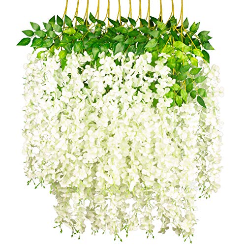 GPARK 12 Pack /45 inch /3.7ft Wisteria Hanging Artificial Flowers Fake Bushy Silk Vine Garland String for Wedding Party Garden Greenery Home Wall Deco Milk White