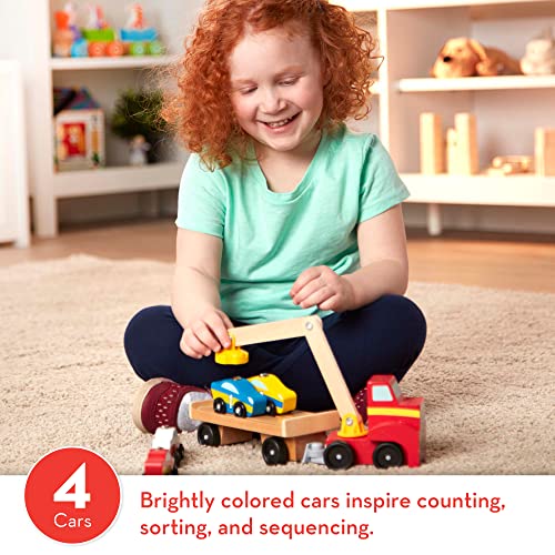 Melissa & Doug Magnetic Car Loader Wooden Toy Set With 4 Cars and 1 Semi-Trailer Truck - Crane Wooden Toy, Vehicle Toys For Kids Ages 3+