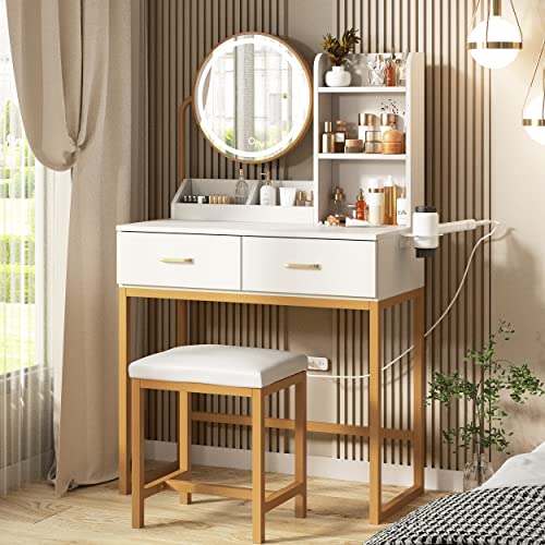 Vabches Makeup Vanity Desk with Round Mirror and Lights, White Vanity Makeup Table with Hair Dryer Rack, Small Vanity Table for Bedroom with Lots Storage, 3 Lighting Modes, 31.5in(L)