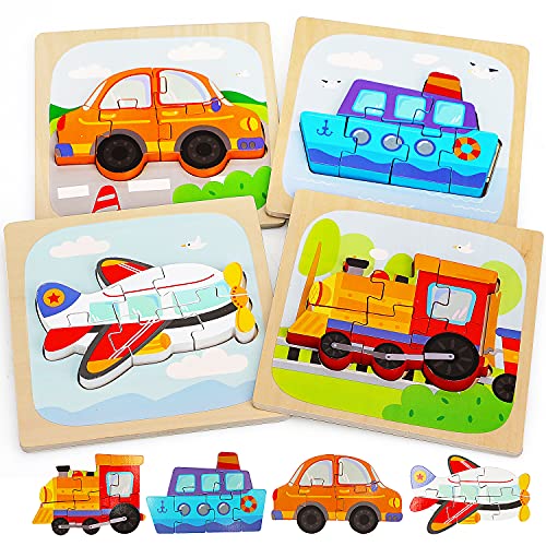 TOY Life 4 Pack Wooden Puzzles for Toddlers - Traffic Shape Montessori Toy - Jigsaw Puzzles with 4 Animal Shape - Early Learning Preschool Educational Toys Gifts for 1 2 3 Years Old Toddlers