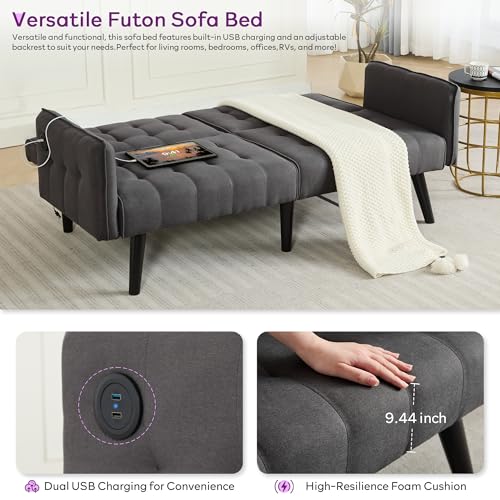 Amazon TYBOATLE 65“ Convertible Futon Sofa Bed w/ 2 USB, Upholstered Tufted Small Adjustable Folding Couch Loveseat, Modern Mid Century Sleeper Sofa for Living Room, Bedroom, Apartment, Office (Dark Grey)