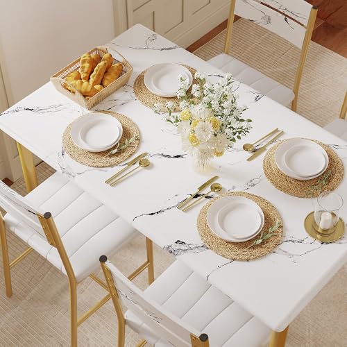 Amazon IRONCK Dining Table Set for 4, Wood Kitchen Table with Upholstered Chairs for Kitchen & Dining Room, Compact Dining Set for Small Spaces, White & Gold