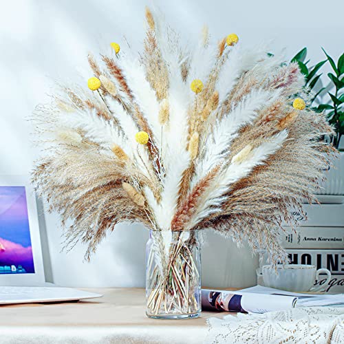 100PCS Natural Dried Pampas Grass Decor - 17.5" Fluffy Pampas Grass Bouquet - Boho Home Decor Dried Flowers for Wedding Floral Room Home Party Table Decorations
