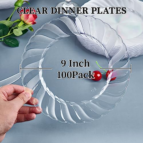 FOCUSLINE 100 Count Clear Plastic Plates 9 Inch, Disposable Heavy Duty Plastic Dinner Plates- Premium Hard Plastic Plates Fancy Disposable Clear Plates for Weddings, Parties and Events