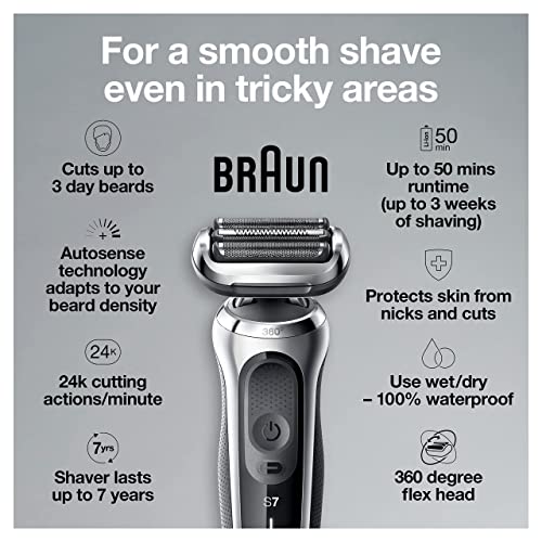 Braun Series 7 7020s Flex Electric Razor for Men with Precision Trimmer, Wet & Dry, Rechargeable, Cordless Foil Shaver, Silver